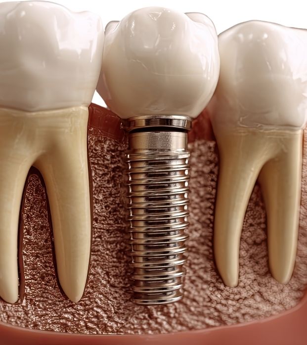 A model showing a dental implant replacing a missing tooth