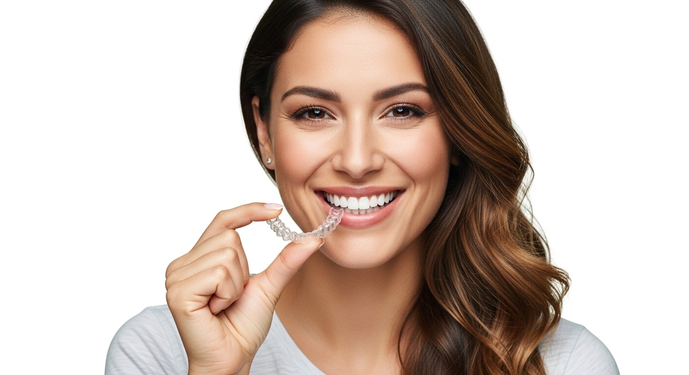 A woman smiling while holding her clear Invisalign aligner